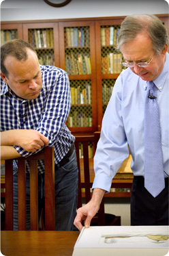 Rob Stewart of 'Rob on the Road,' in the Special Collections room with Gary Kurutz of the State Library.