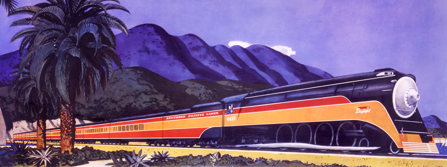 Poster advertising the Southern Pacific Streamlined Daylight locomotive no. 4410 and passenger cars passing mission bell tower and palm trees on left; mountains in background.