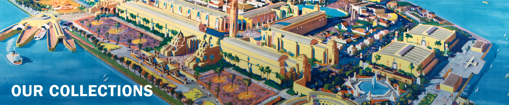 Poster featuring a bird's-eye view of Treasure Island looking northeast; shows World's Fair building and grounds, boats in harbor and hills beyond. Ken Sawyer signature at lower right of center.