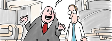 Cartoon exhibit: Fat business man smiles at nerdy scientist while saying: 'It's not that we don't believe in climate change, we just believe in profit more.'